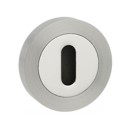 Mediterranean Key Escutcheon on Round Rose - Satin Nickel/Polished Chrome