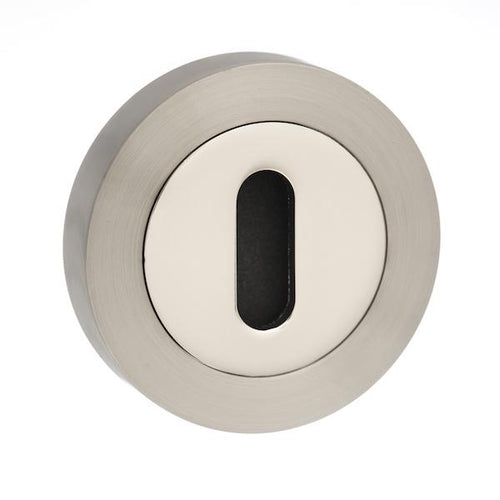 Mediterranean Key Escutcheon on Round Rose - Satin Nickel/Polished Nickel